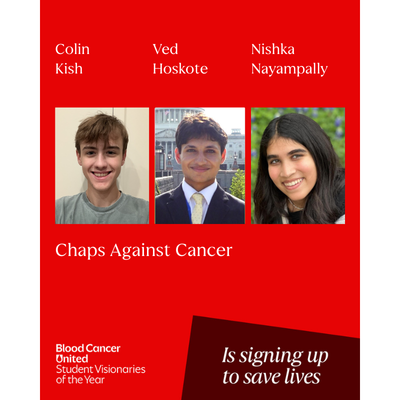 Headshot of Austin, Texas Student Visionaries of the Year candidates Colin Kish, Ved Hoskote, and Nishka Nayampally of team Chaps Against Cancer.