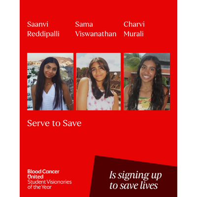 Headshot of Austin, Texas Student Visionaries of the Year candidates Saanvi Reddipalli, Sama Viswanathan, and Charvi Murali of team Serve to Save.